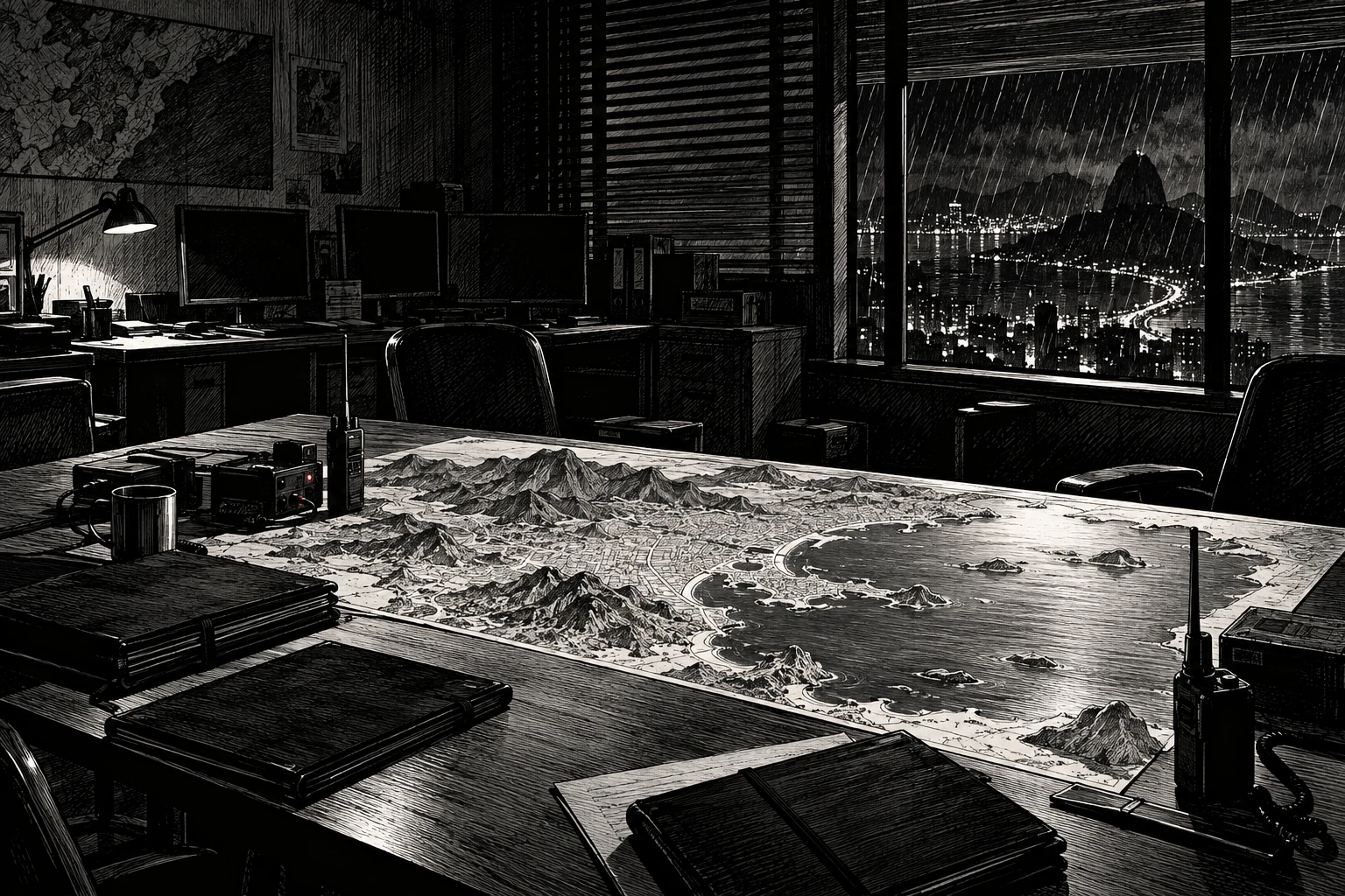 Sala clandestina de operações com mapa do Rio sem inscrições, rádios e monitores apagados