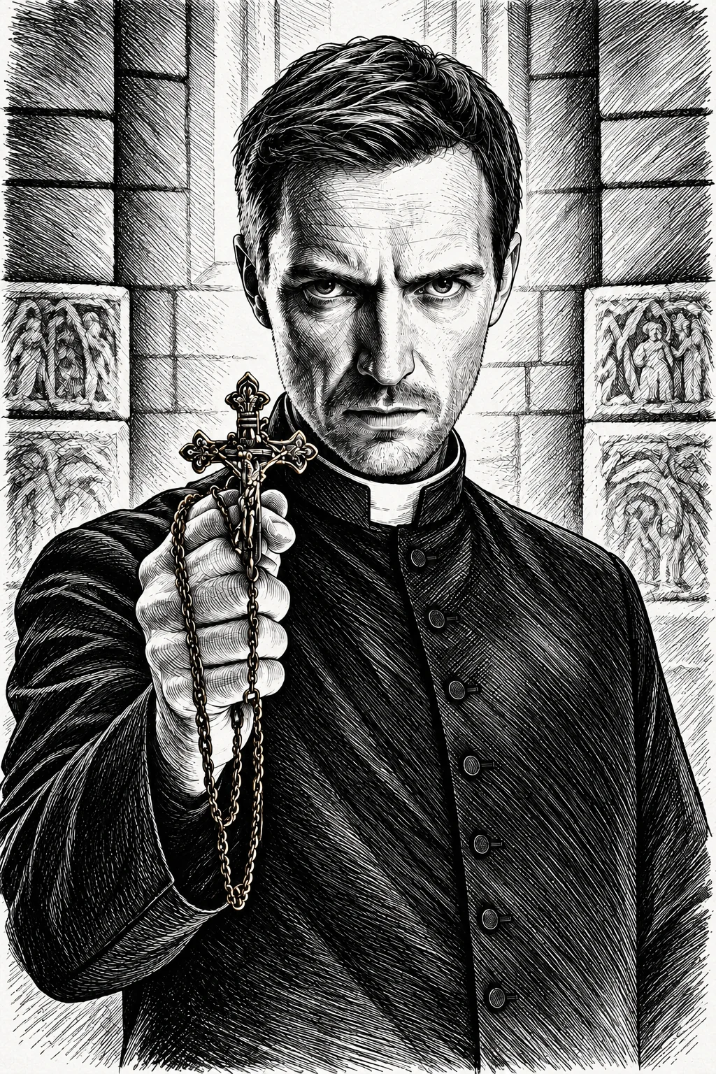 Retrato de Korven, clérigo de olhar severo segurando um crucifixo