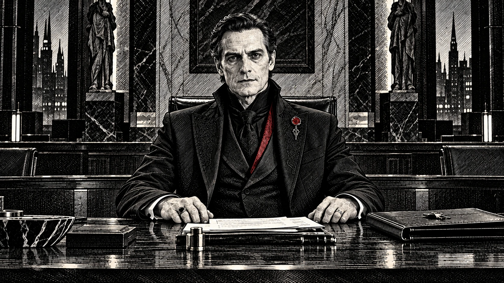 Praetor sentado de frente à mesa de audiência em um salão contemporâneo, em gravura chiaroscuro