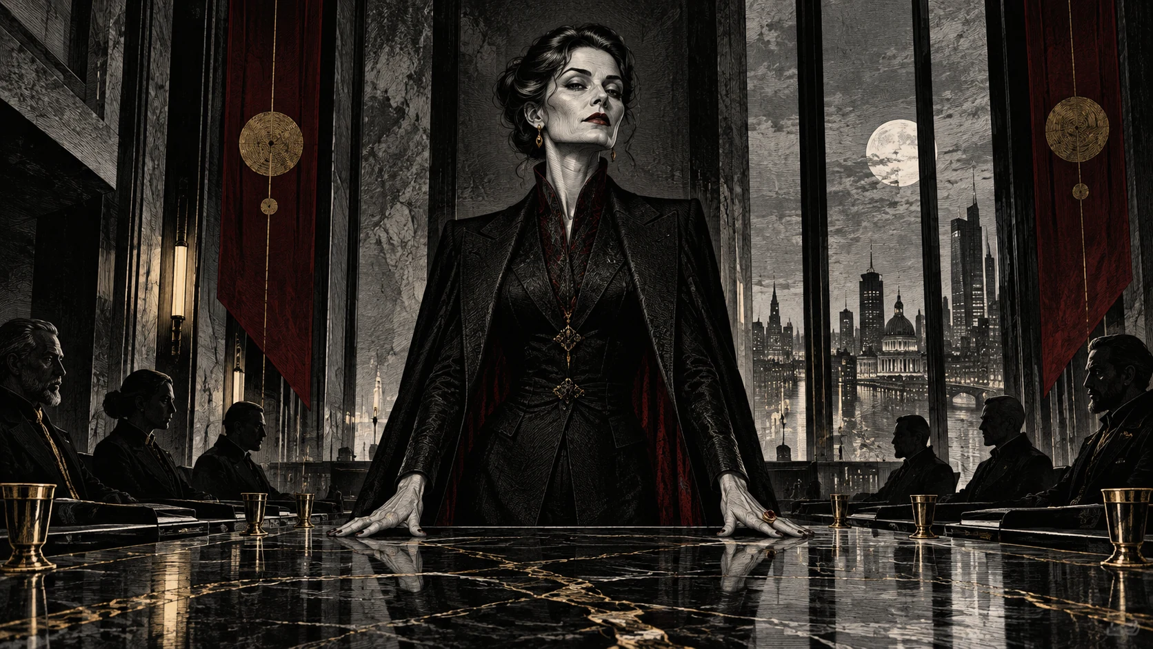 Rainha da Ordem Marmórea preside um conselho em salão contemporâneo, em gravura chiaroscuro