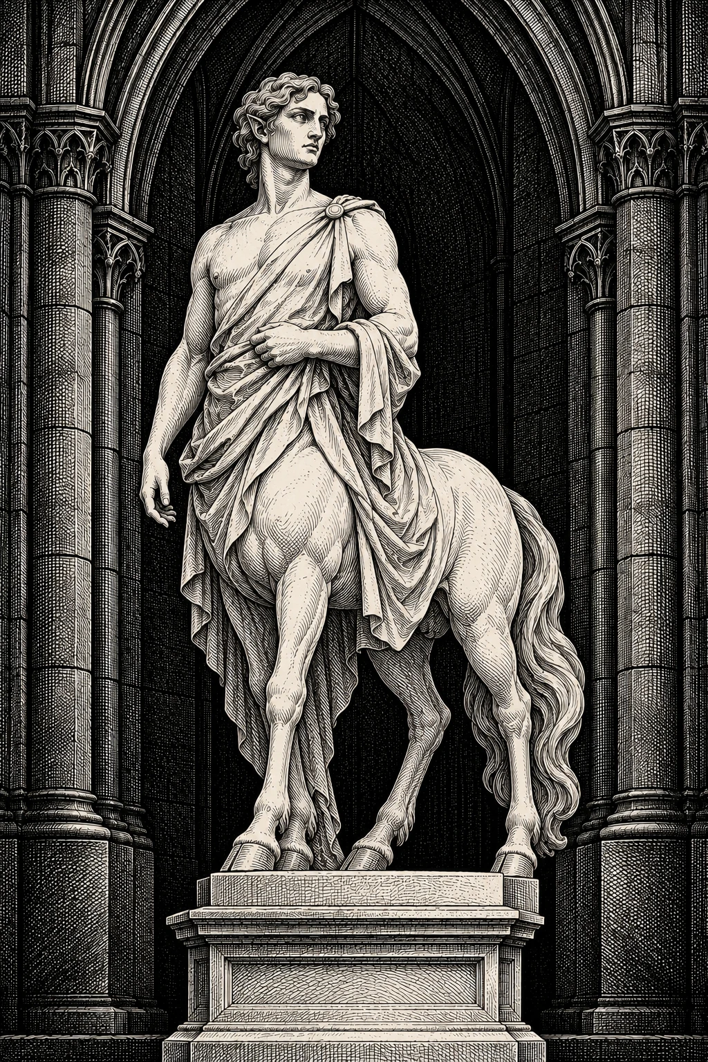 Estátua de centauro como alegoria de uma natureza híbrida, em gravura manual