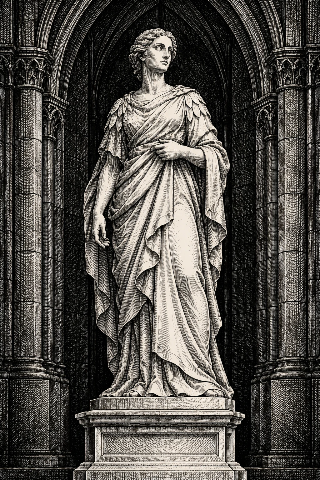 Estátua de feições serenas e detalhes delicados nos ombros, em gravura manual